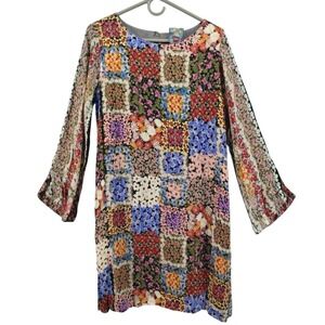 Johnny‎ Was Patchwork Silk Shift Dress Luna Flare Sleeve Colorful Women's Small